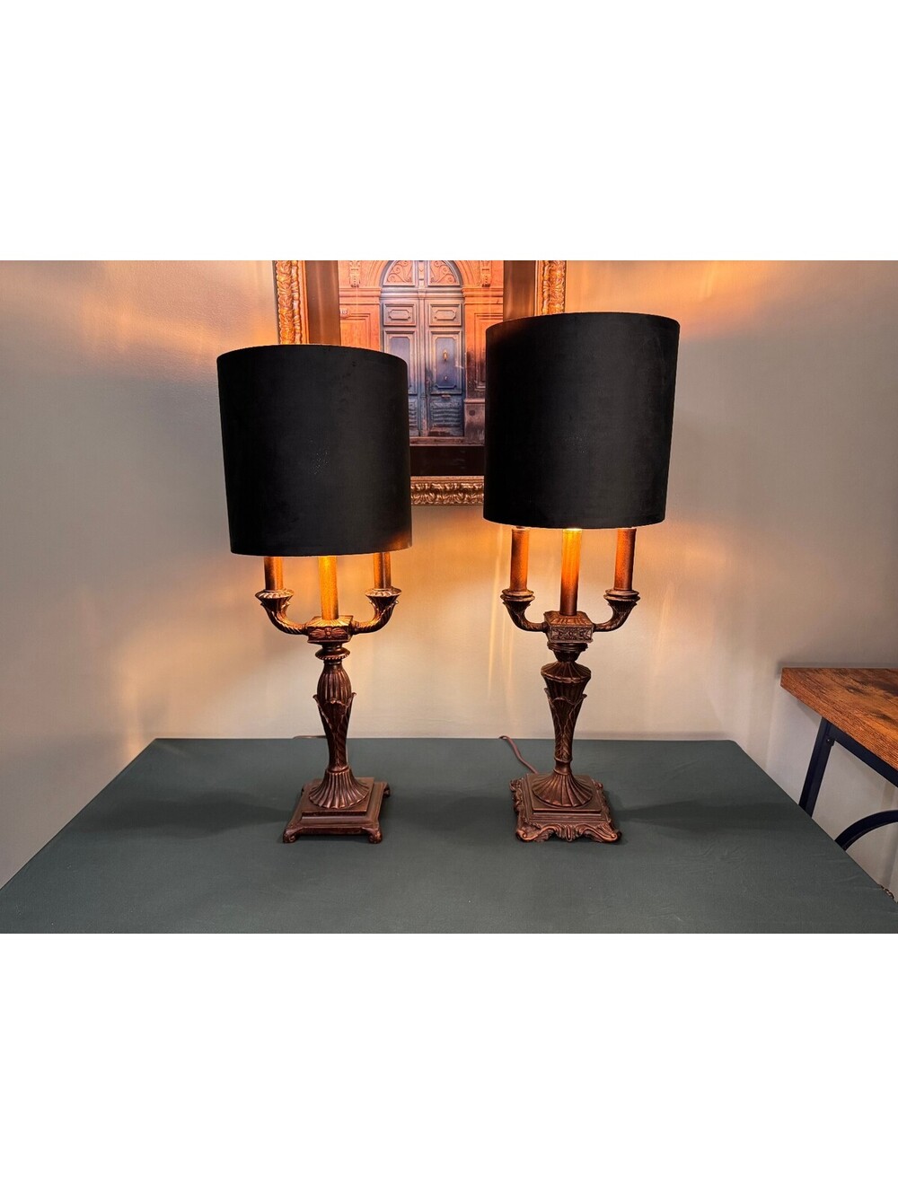 Vintage Hollywood Regency Candelabra Table Lamps Bronze Emerald Green Shades